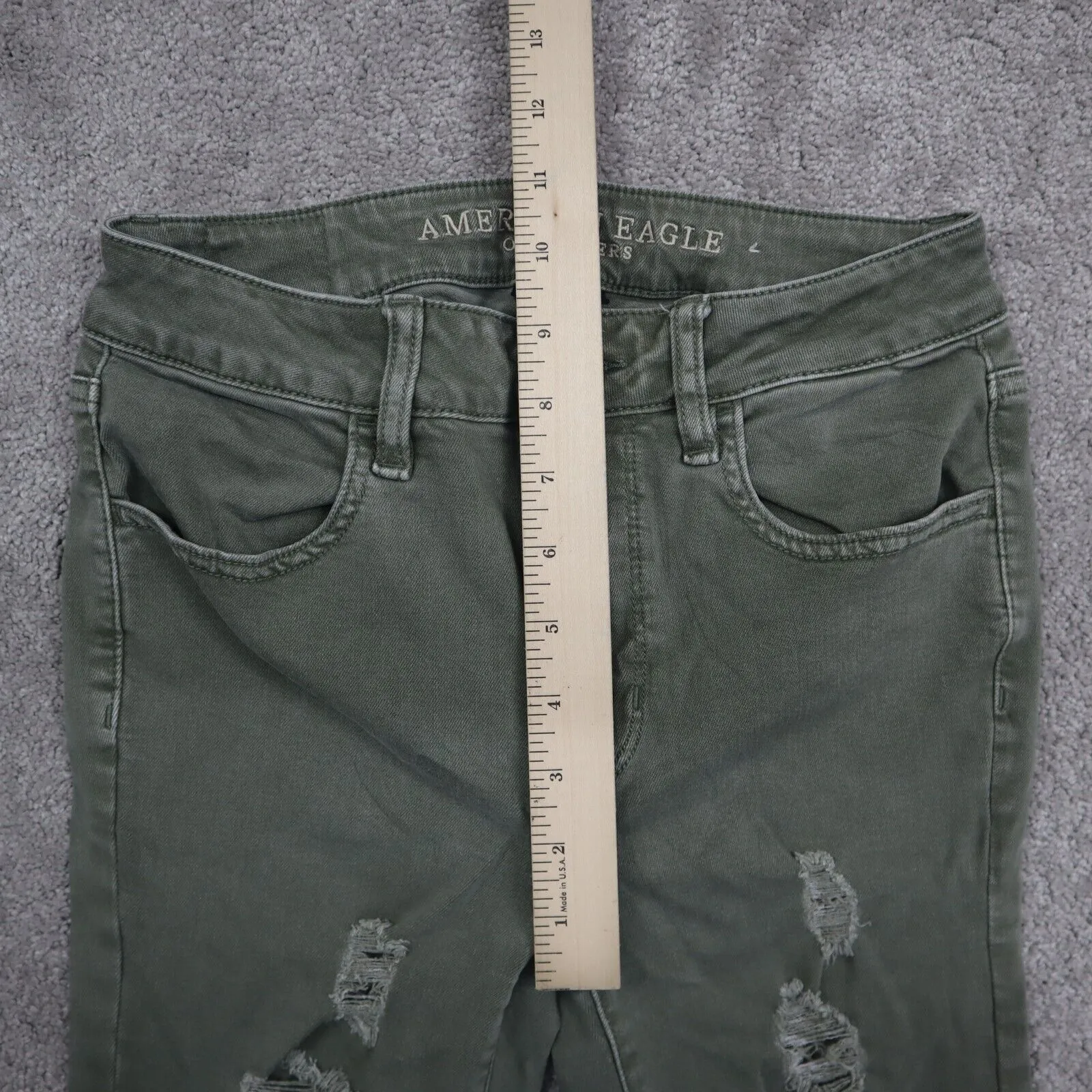 American Eagle Women Jegging Jeans Skinny Leg Distressed Stretch Green SZ 4R