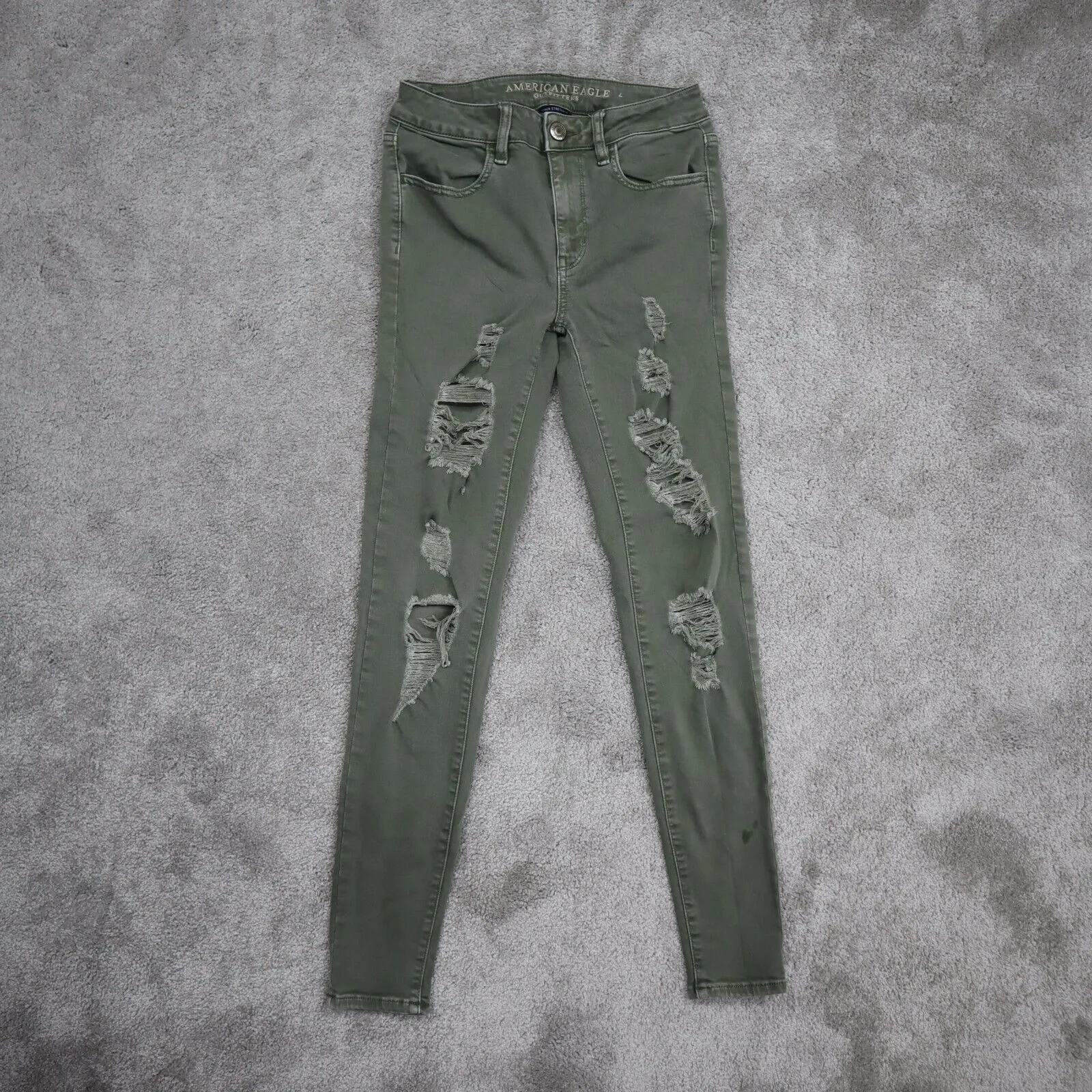 American Eagle Women Jegging Jeans Skinny Leg Distressed Stretch Green SZ 4R