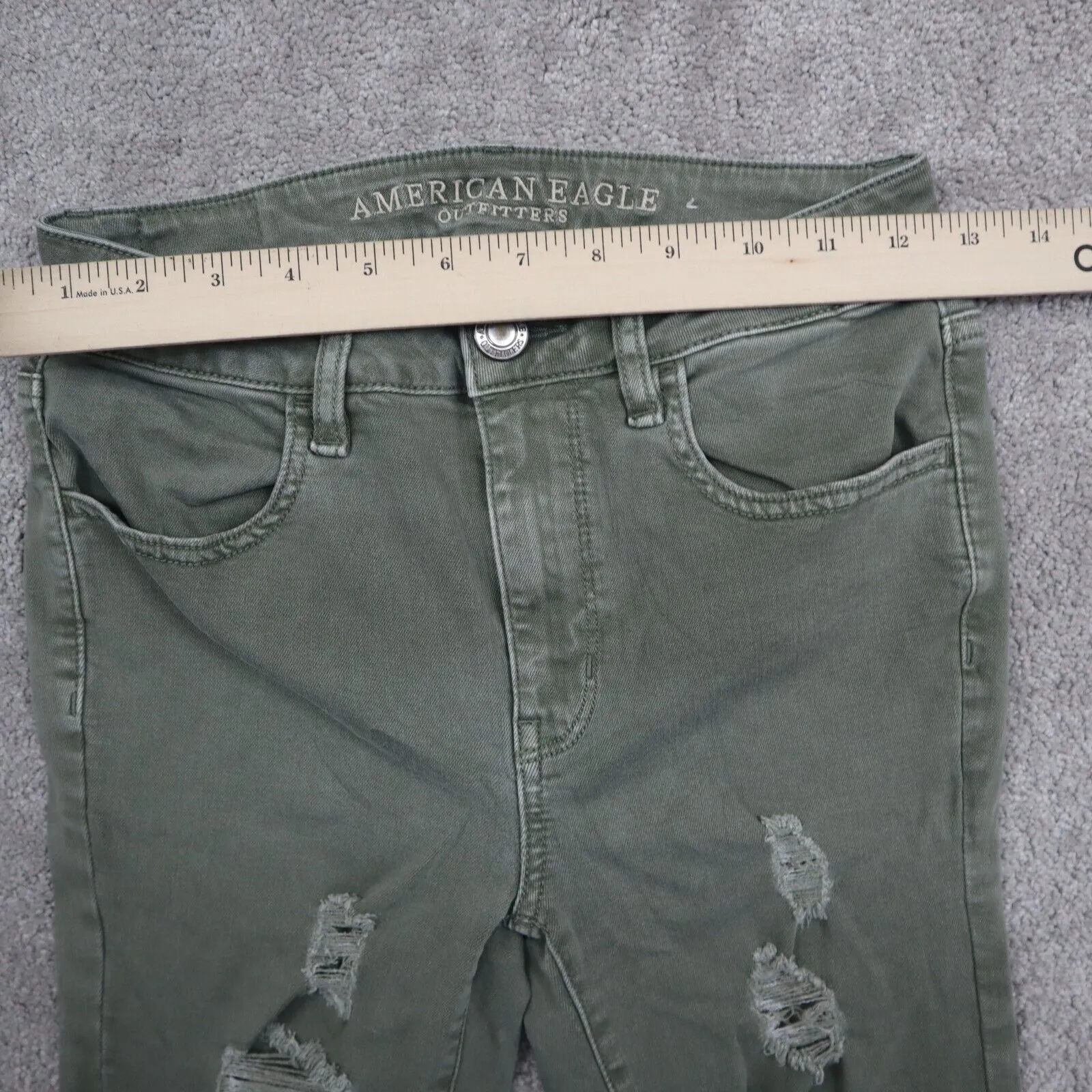 American Eagle Women Jegging Jeans Skinny Leg Distressed Stretch Green SZ 4R