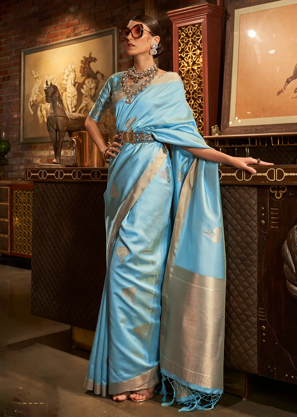 Aqua Blue Handloom Silk Weaving Contemporary Saree