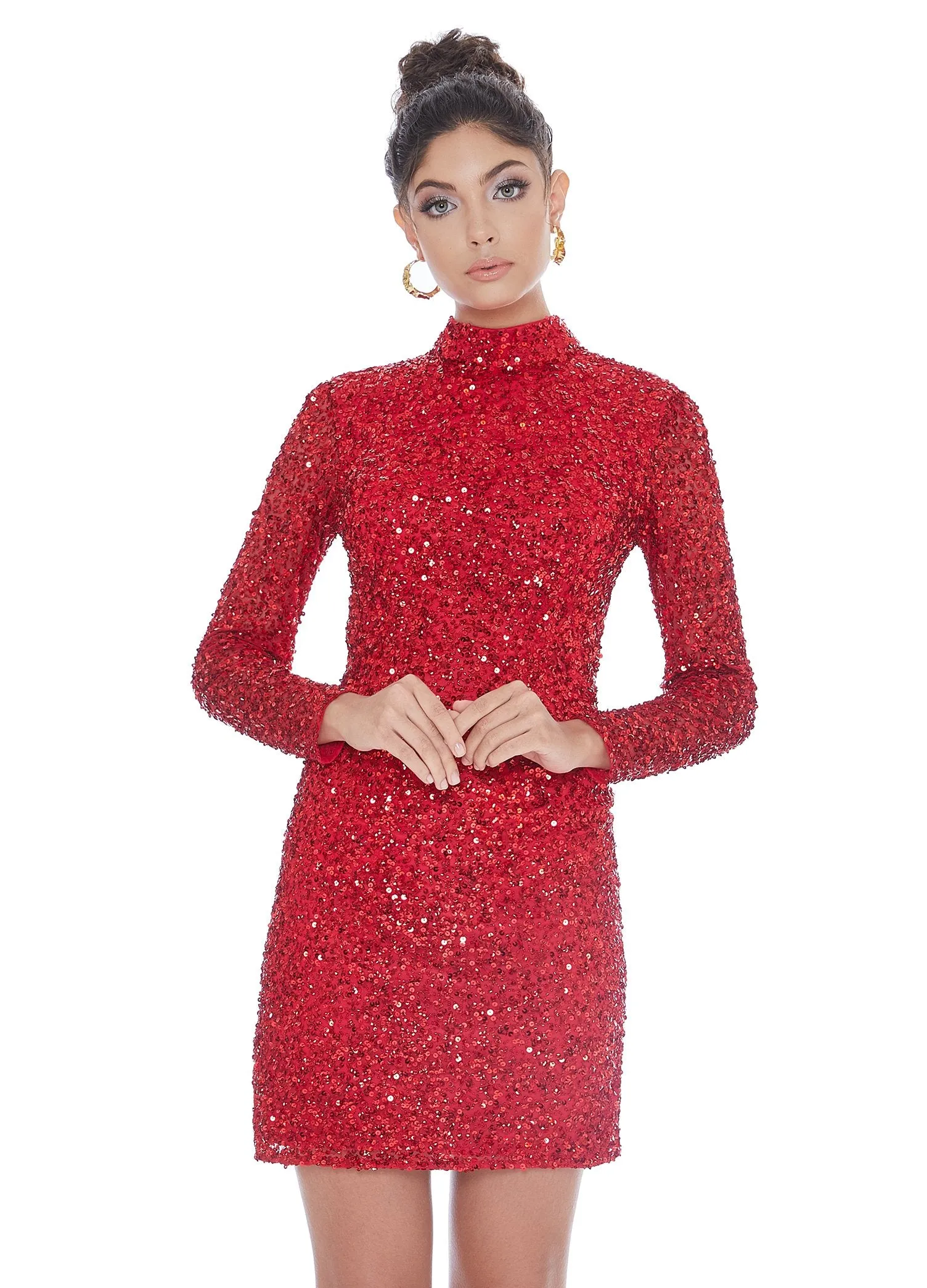 Ashley Lauren 4252 Size 16 Bright Pink Cocktail Dress long sleeve short sequin fitted homecoming dress