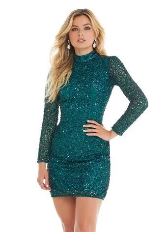 Ashley Lauren 4252 Size 16 Bright Pink Cocktail Dress long sleeve short sequin fitted homecoming dress