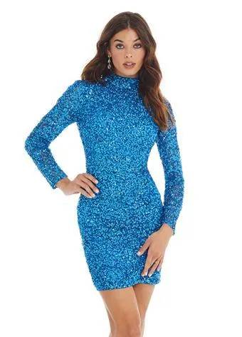 Ashley Lauren 4252 Size 16 Bright Pink Cocktail Dress long sleeve short sequin fitted homecoming dress