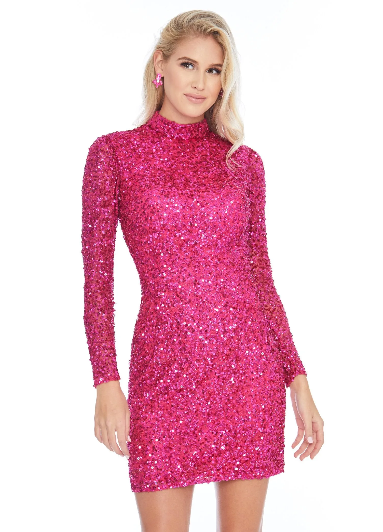 Ashley Lauren 4252 Size 16 Bright Pink Cocktail Dress long sleeve short sequin fitted homecoming dress