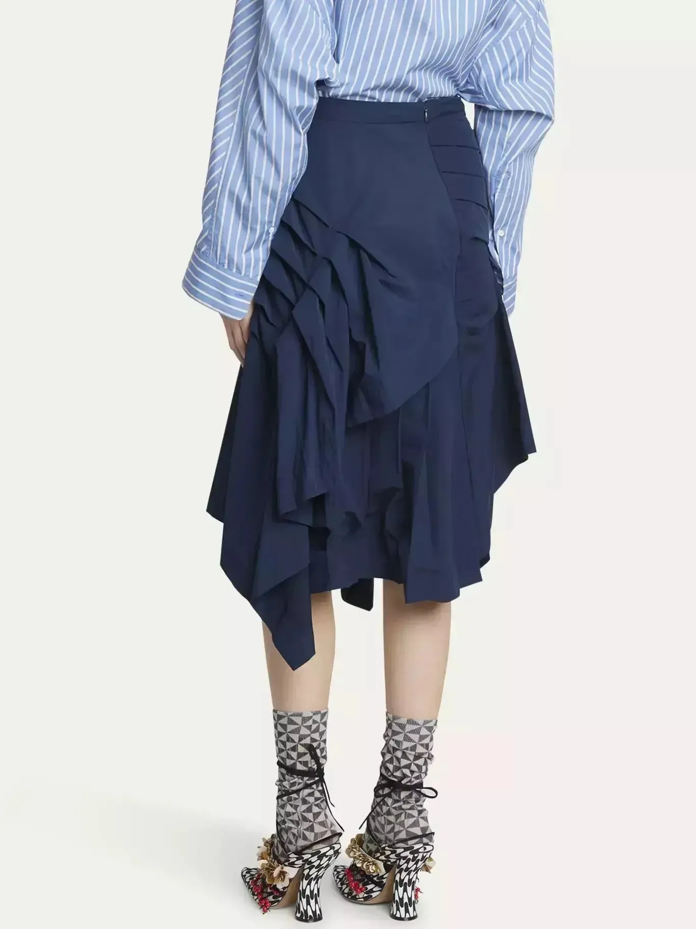 Asymmetric Pleated Midi Skirt in Navy