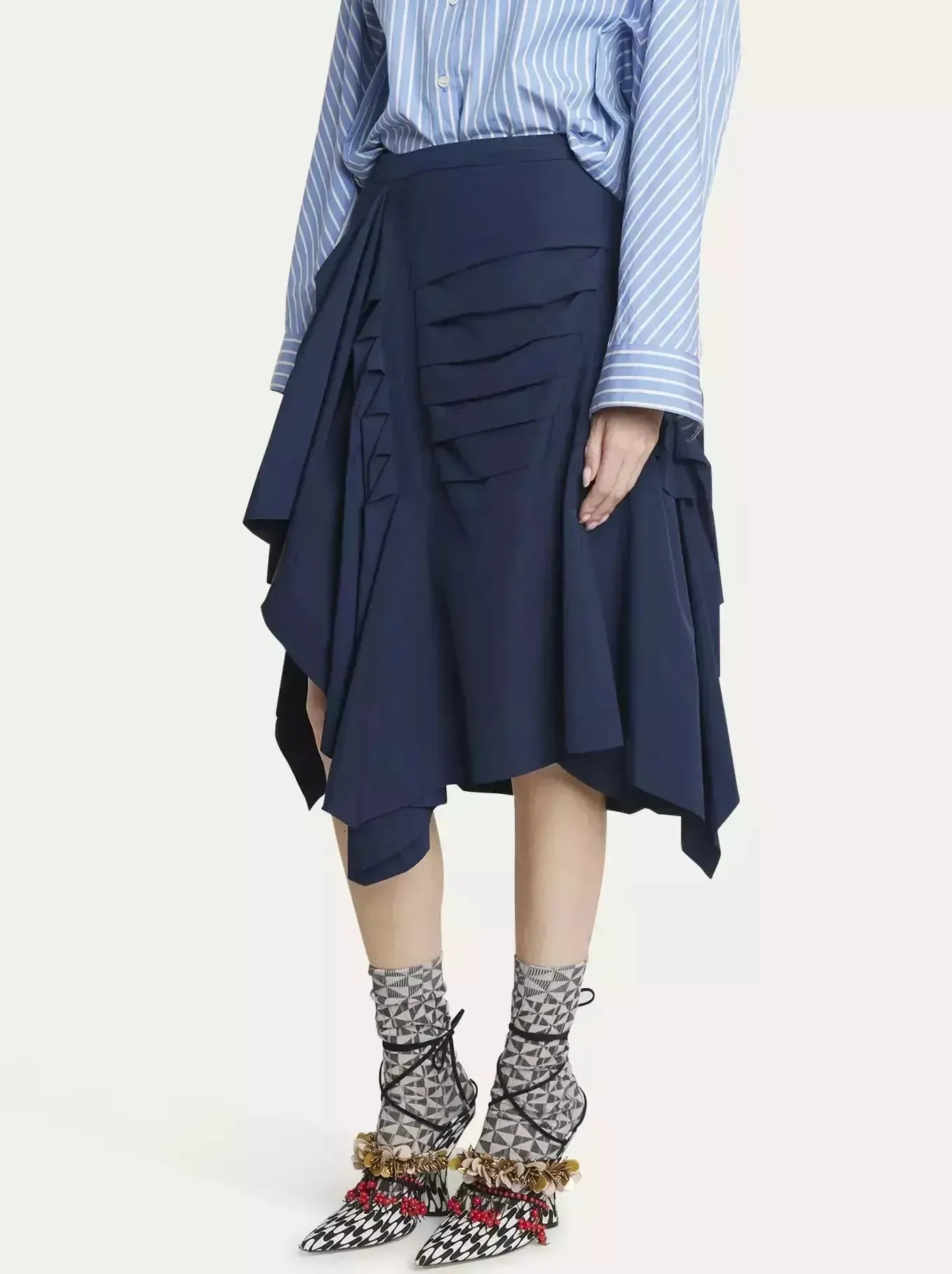 Asymmetric Pleated Midi Skirt in Navy