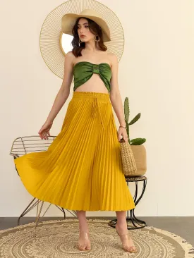 Berrylush Women Solid Yellow High-Rise Elastic Waist Tie-Up Straight Hem Pleated Midi Skirt