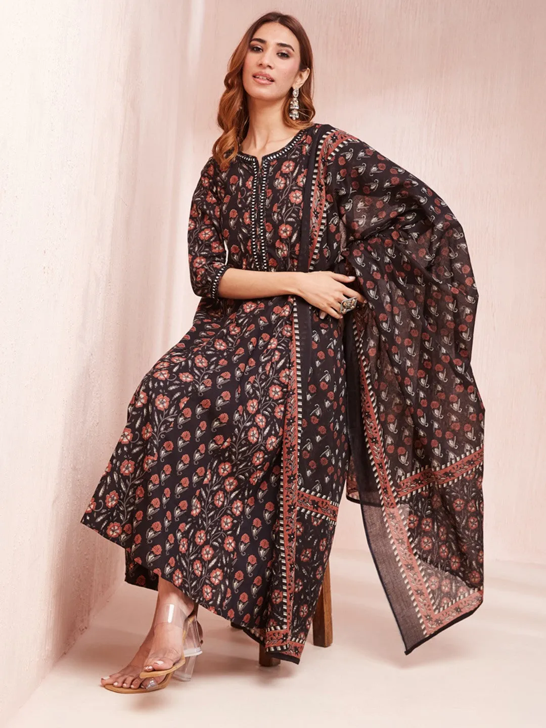 Black Floral Print Mirror_Work Anarkali Kurta Trouser And Dupatta Set