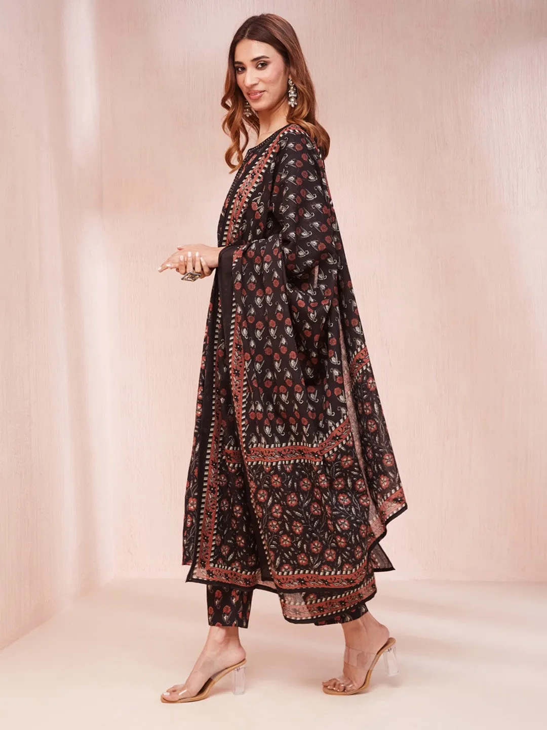 Black Floral Print Mirror_Work Anarkali Kurta Trouser And Dupatta Set