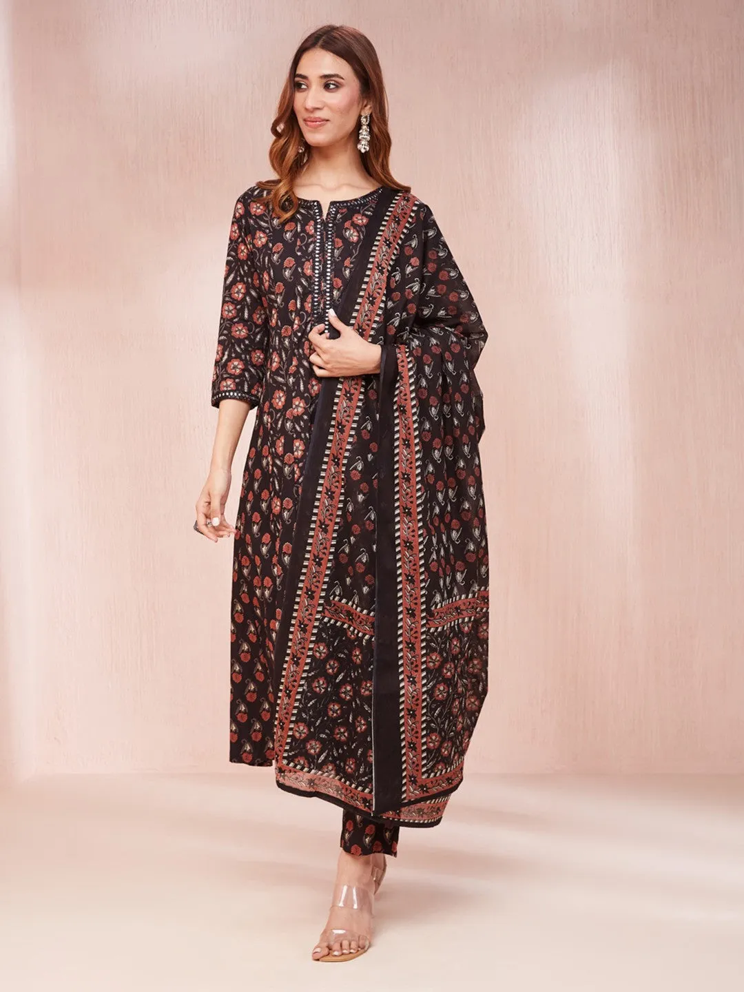 Black Floral Print Mirror_Work Anarkali Kurta Trouser And Dupatta Set