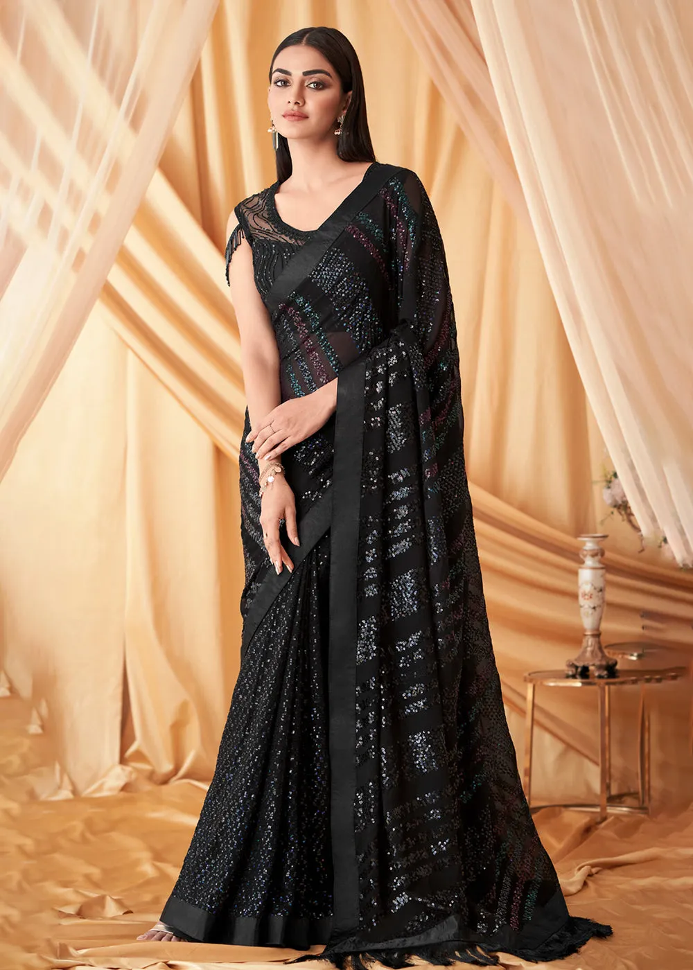 Black Georgette Silk Embroidered Festive Party Saree