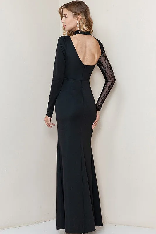 Black Lace Sheer Sleeve Detail Slit Maxi Dress