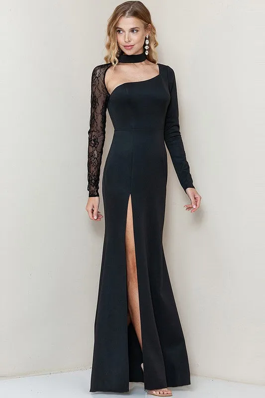 Black Lace Sheer Sleeve Detail Slit Maxi Dress