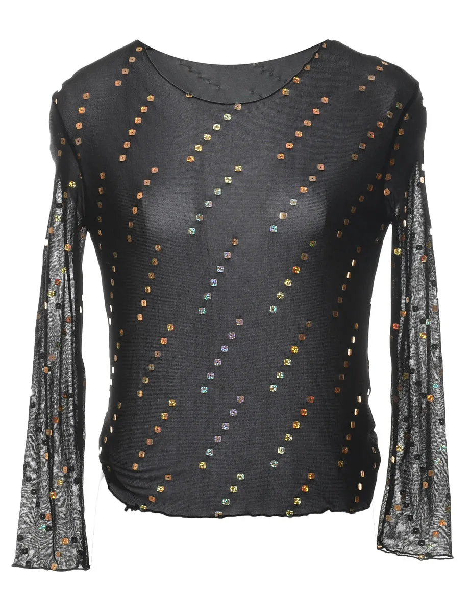 Black Sheer Effect 1990s Sequined Party Top - S