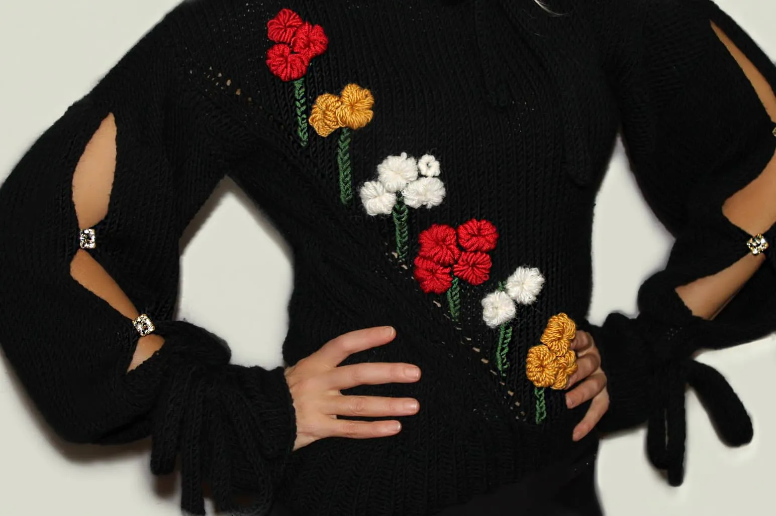 Black Wool Embroidered Unique Designer Bohemian Asymmetrical sweater