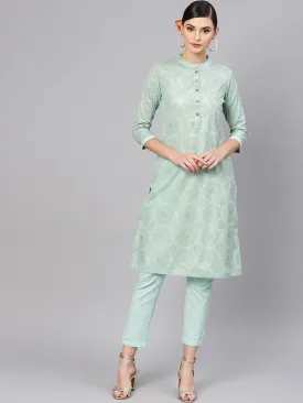 Blue Foil Straight Kurta With Blue Pants