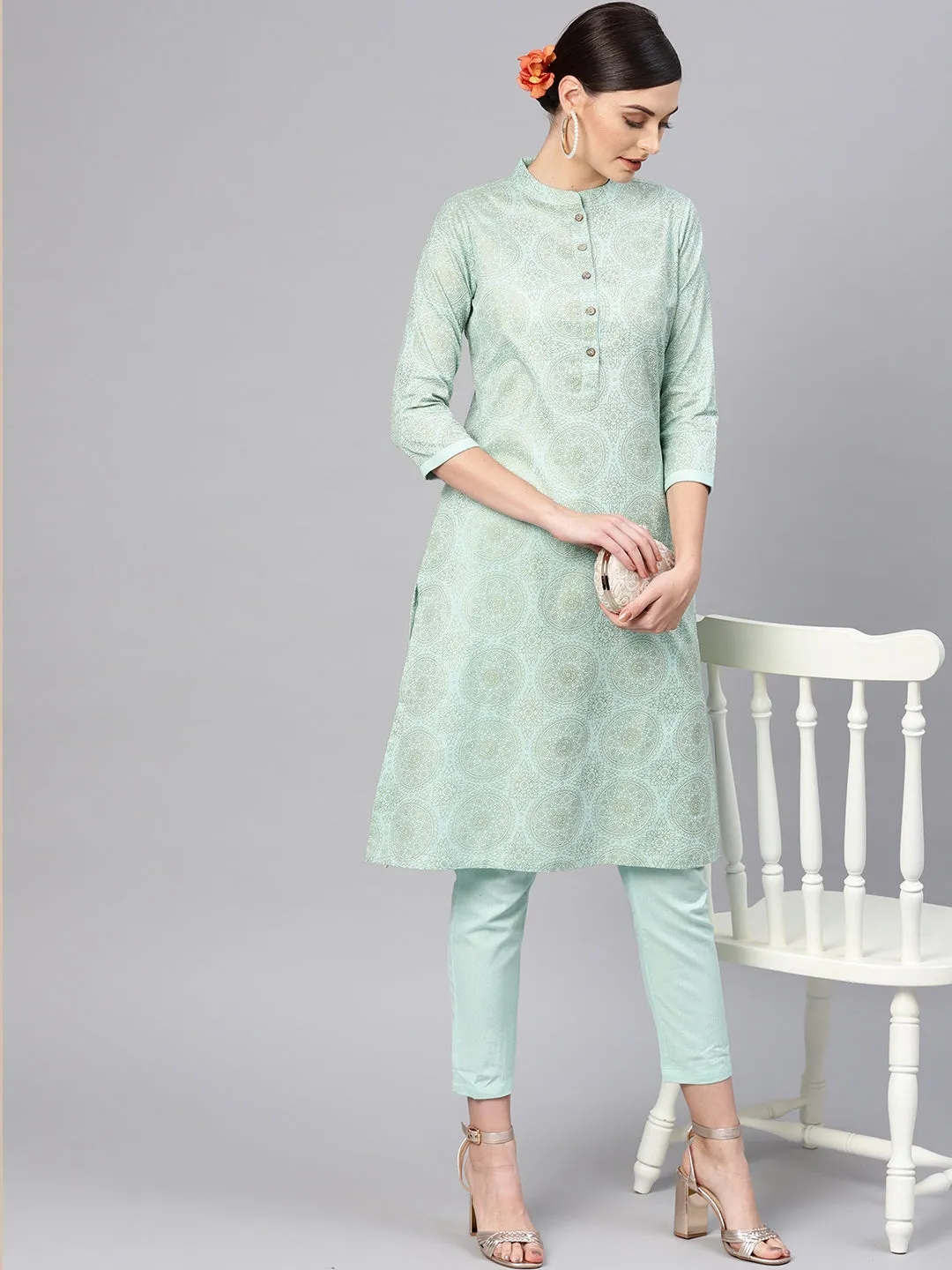 Blue Foil Straight Kurta With Blue Pants