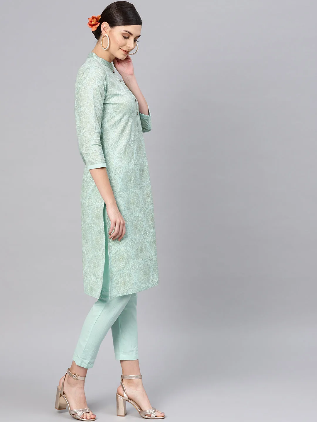 Blue Foil Straight Kurta With Blue Pants