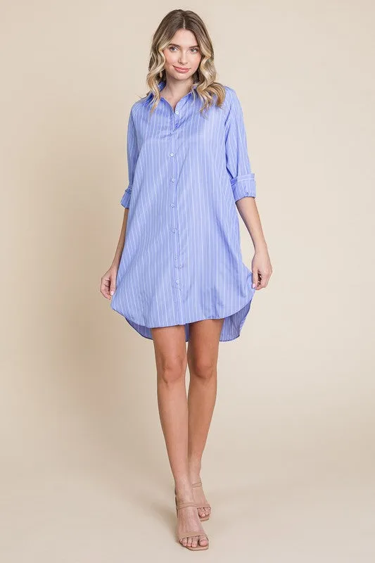 Blue Stripe Button Down Cotton Long Sleeve Shirt Dress