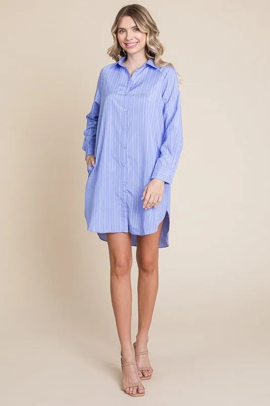 Blue Stripe Button Down Cotton Long Sleeve Shirt Dress