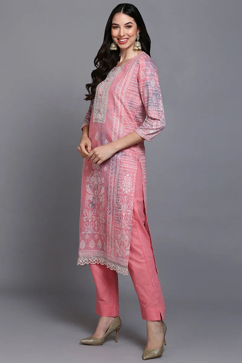 Cotton Peach Printed Straight Kurta Pant With Dupatta