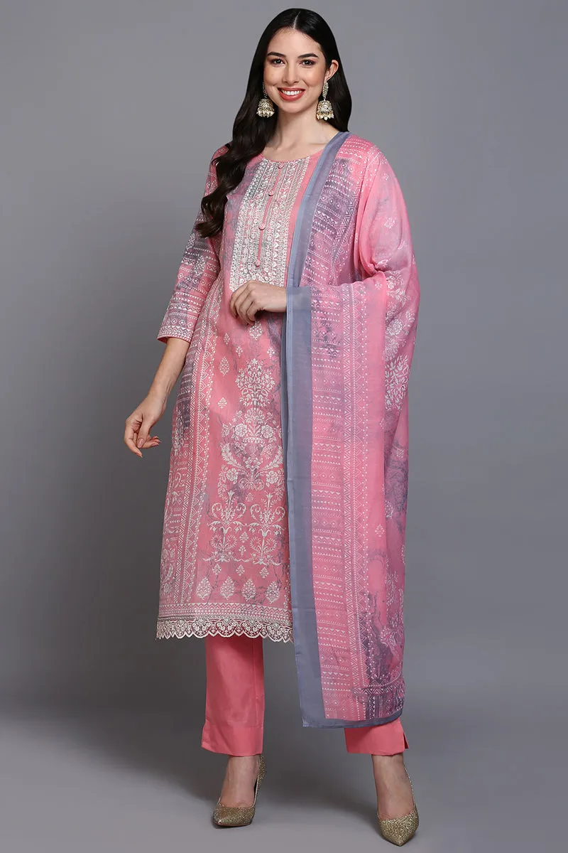 Cotton Peach Printed Straight Kurta Pant With Dupatta