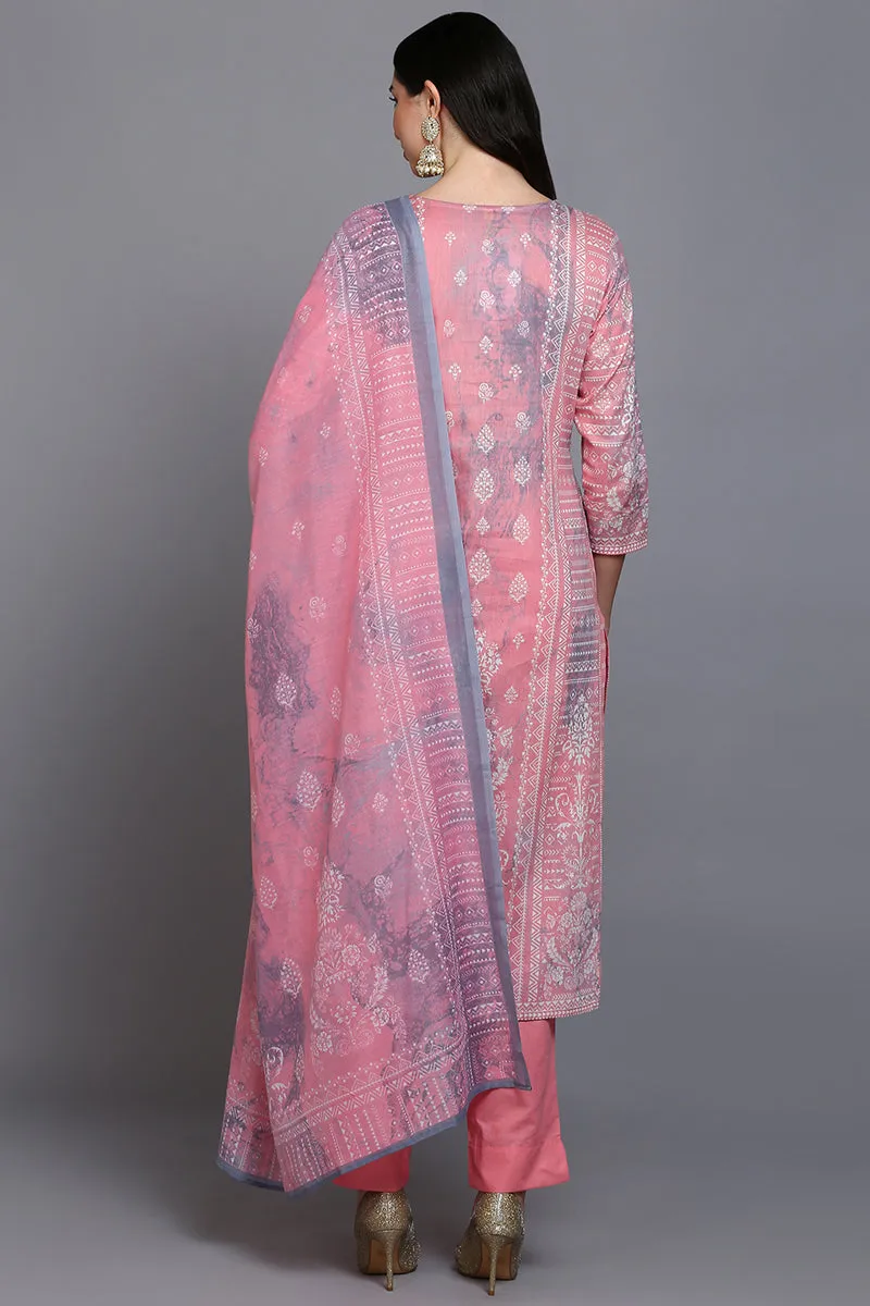 Cotton Peach Printed Straight Kurta Pant With Dupatta