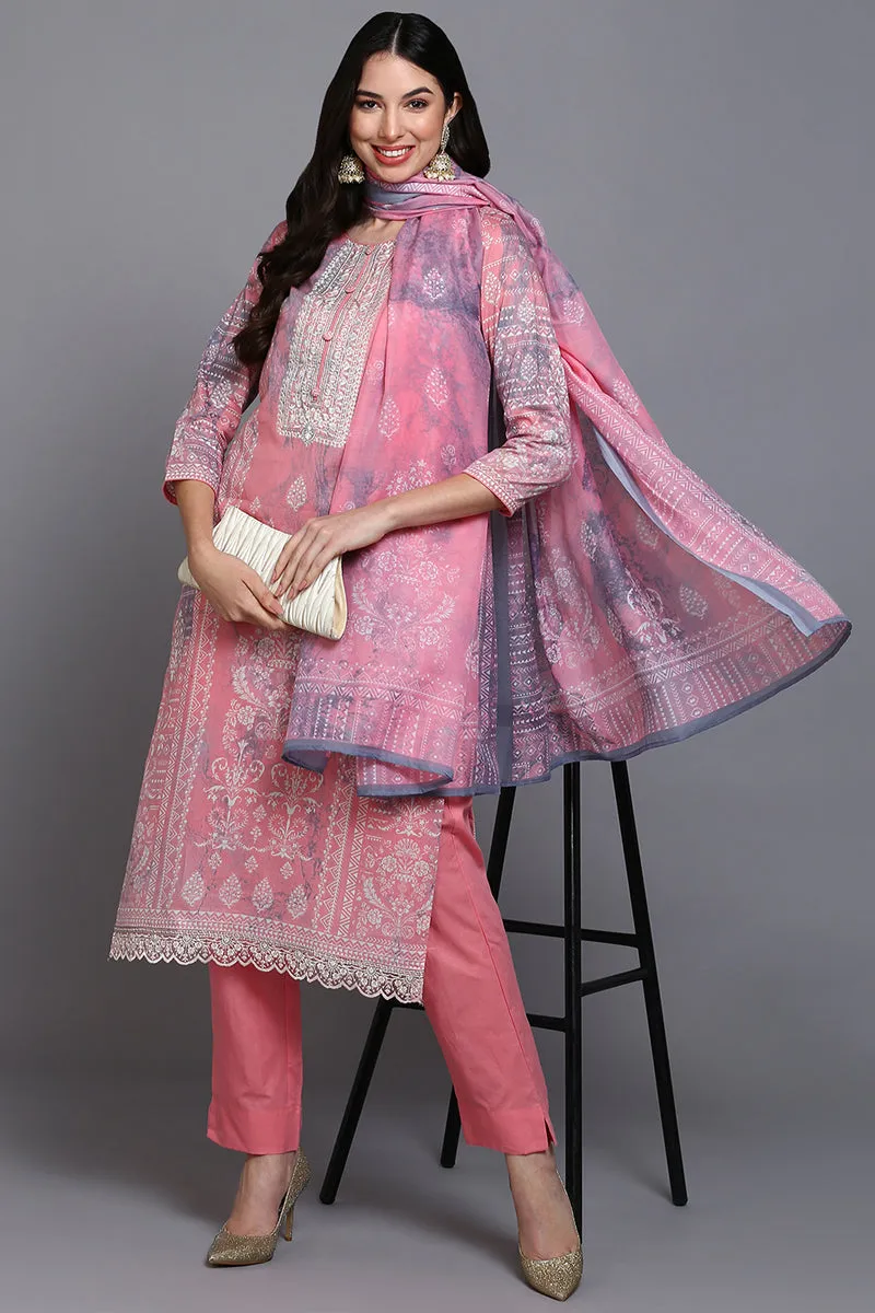 Cotton Peach Printed Straight Kurta Pant With Dupatta