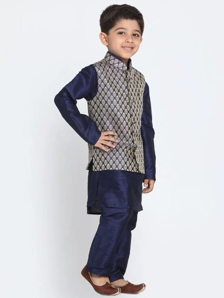 Cotton Silk Blend Kurta Pyjama Set for Boys with Nehru Jacket - Vastramay Boys