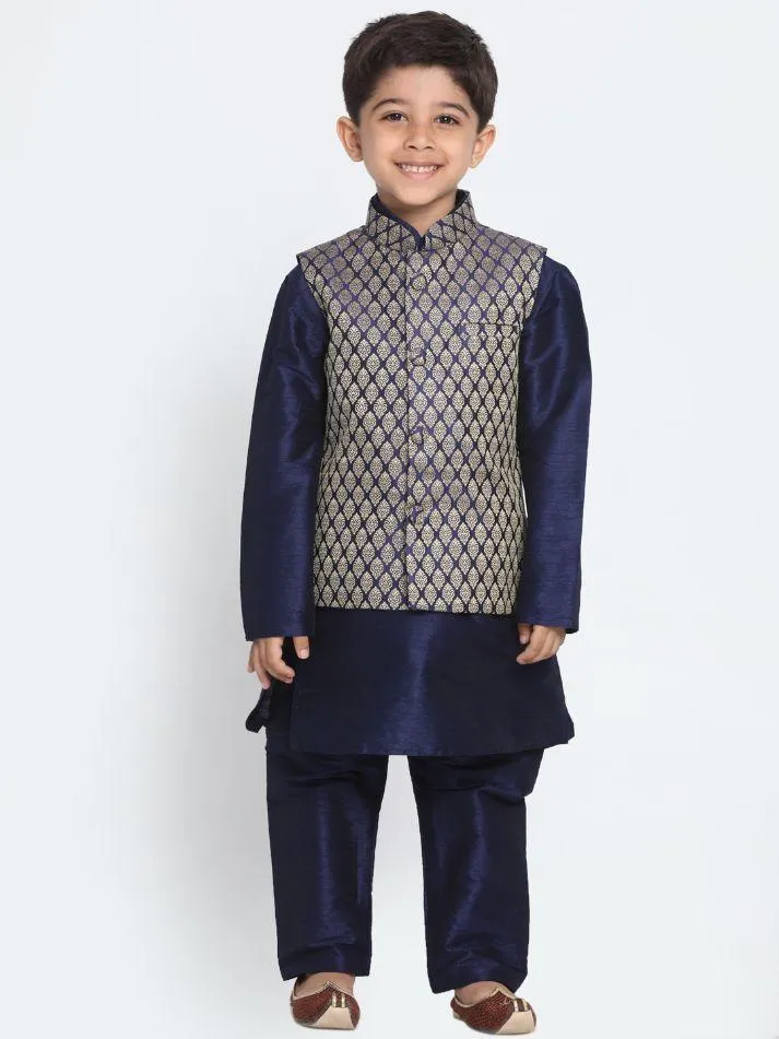 Cotton Silk Blend Kurta Pyjama Set for Boys with Nehru Jacket - Vastramay Boys