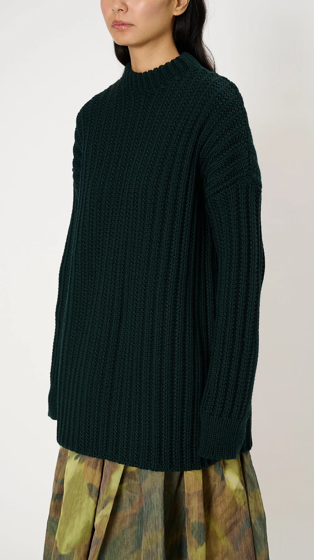 Crewneck Open Rib Sweater in Green