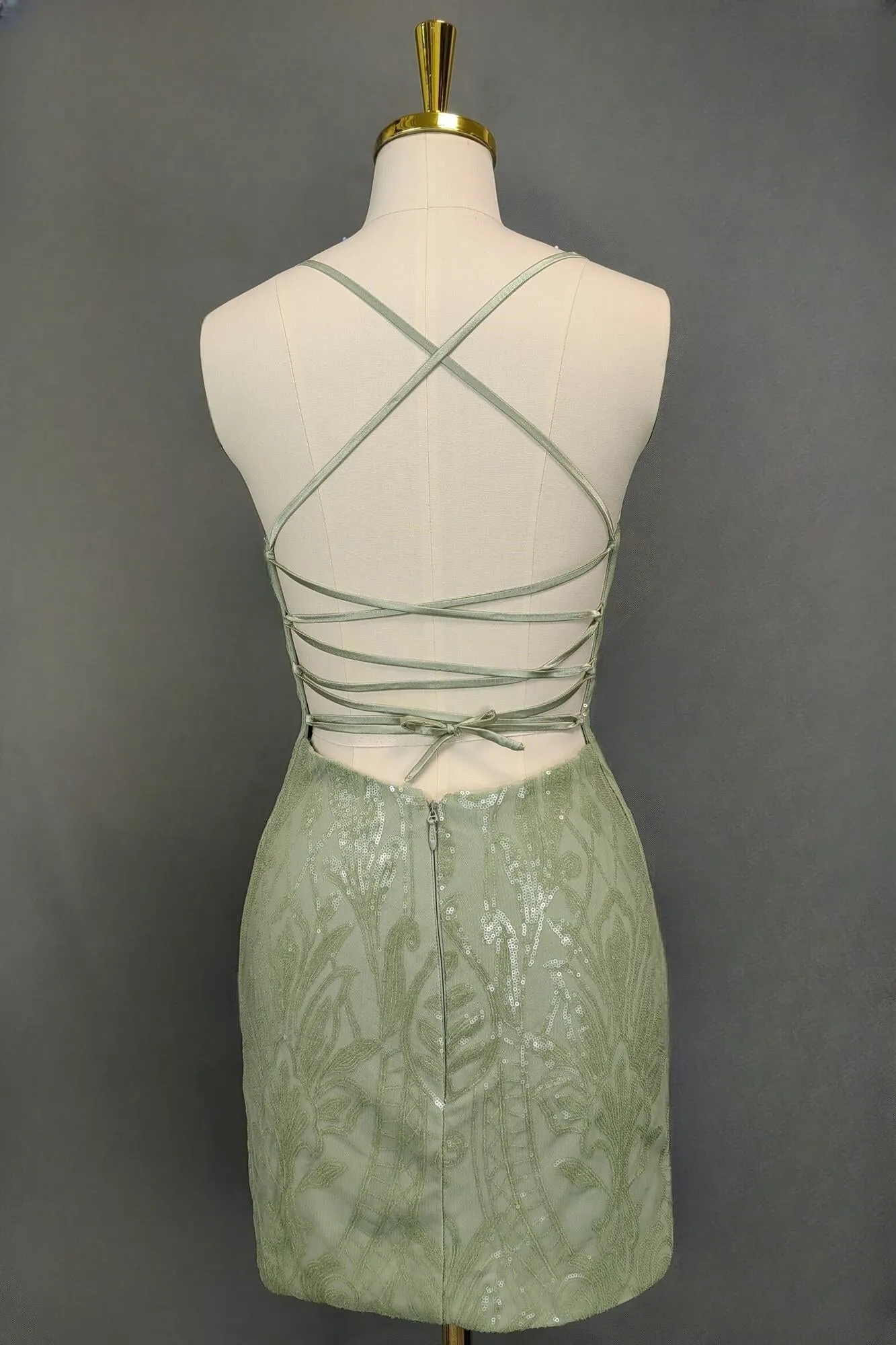 Cute Green Spaghetti straps  Lace Up Sequined Homecoming Party Dress