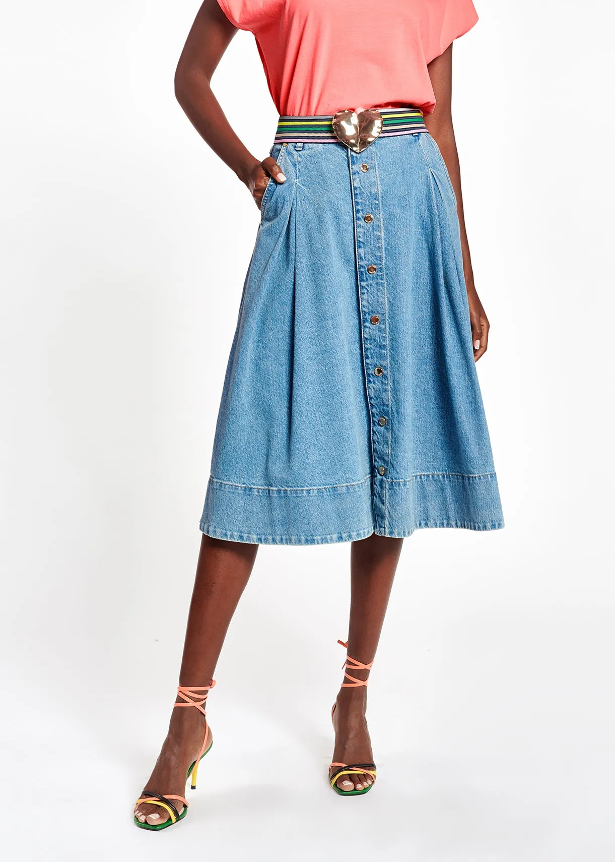 Dark blue denim pleated midi skirt