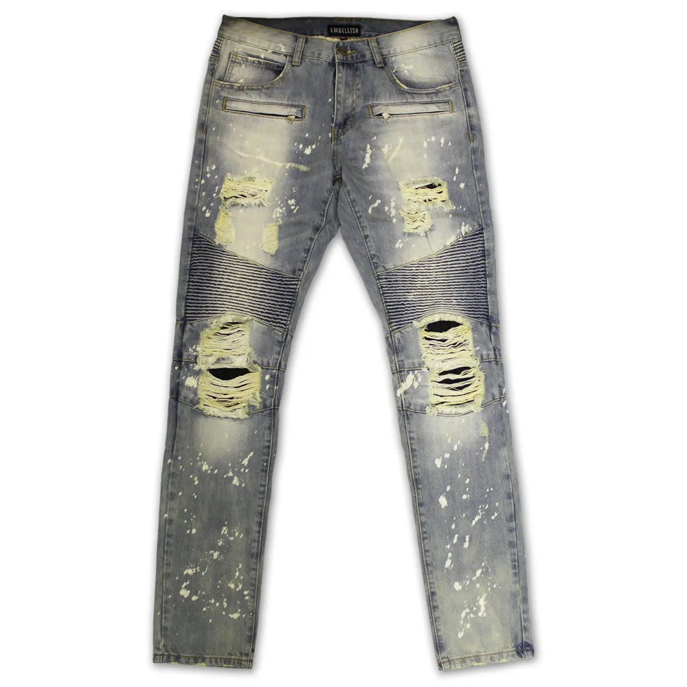 Embellish Maverick Splatter Biker Denim Jeans Stone Wash Bleach Blue