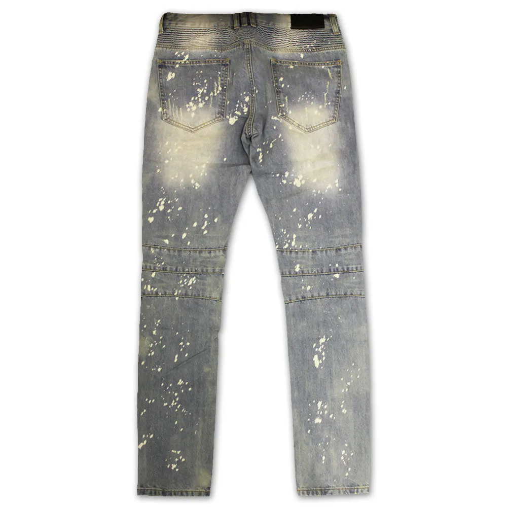 Embellish Maverick Splatter Biker Denim Jeans Stone Wash Bleach Blue