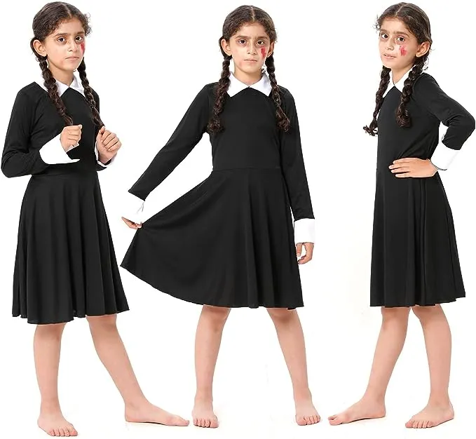 FancyDressWale Wednesday Addams Costume Girls Peter Pan Collar Dress Halloween Addams Family Costume Black dress Outfit