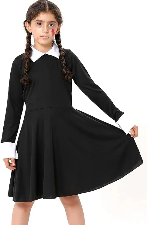 FancyDressWale Wednesday Addams Costume Girls Peter Pan Collar Dress Halloween Addams Family Costume Black dress Outfit