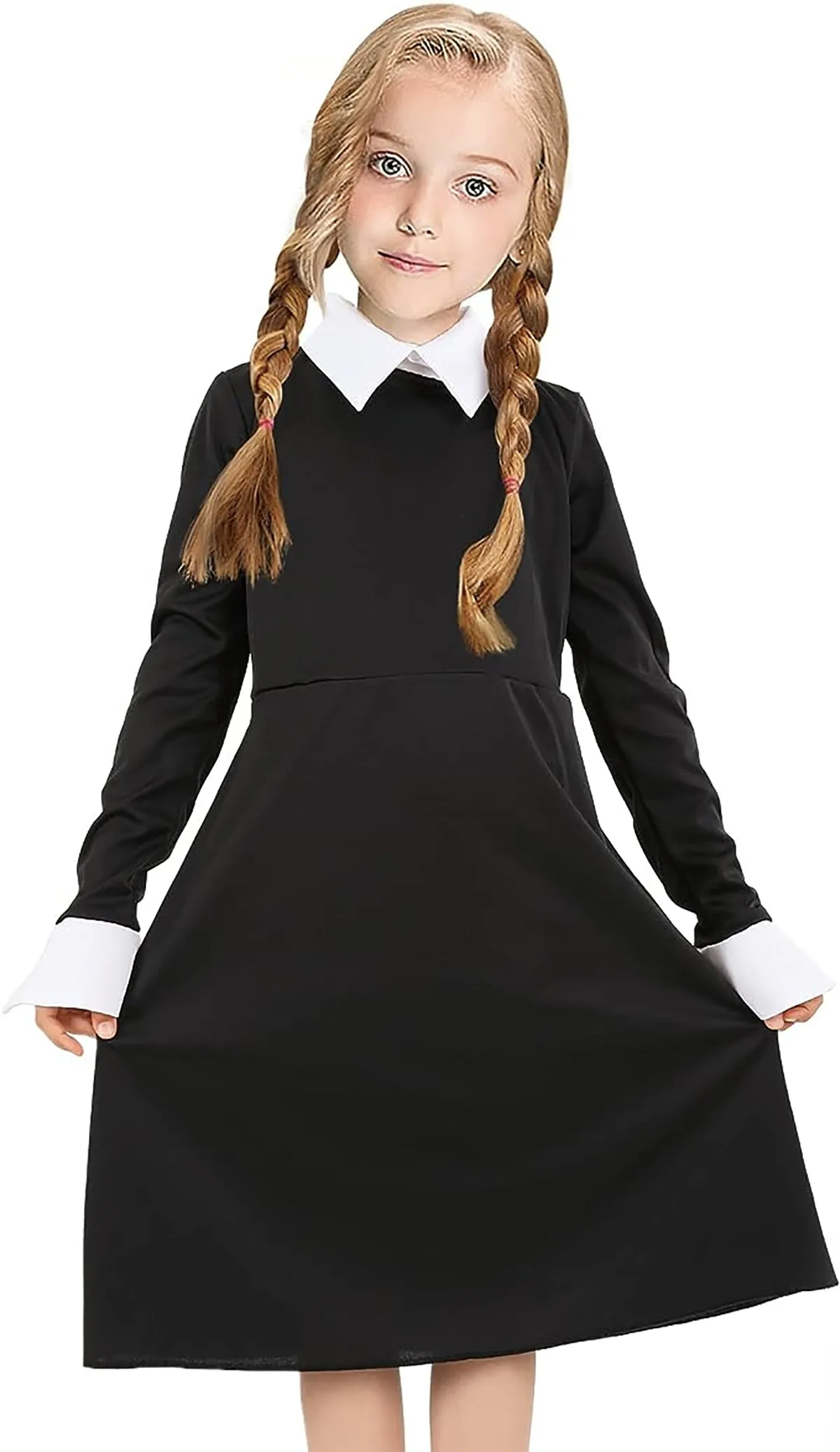 FancyDressWale Wednesday Addams Costume Girls Peter Pan Collar Dress Halloween Addams Family Costume Black dress Outfit