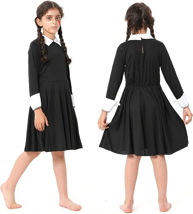 FancyDressWale Wednesday Addams Costume Girls Peter Pan Collar Dress Halloween Addams Family Costume Black dress Outfit