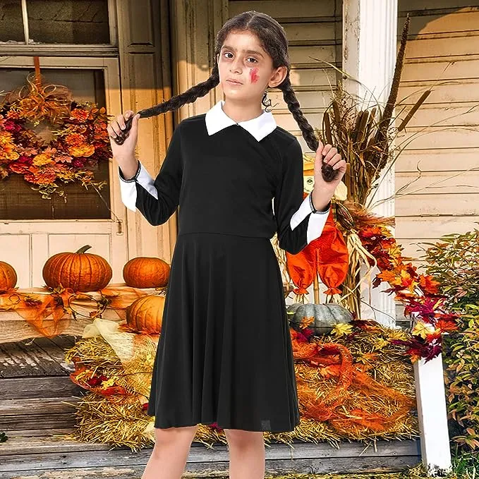 FancyDressWale Wednesday Addams Costume Girls Peter Pan Collar Dress Halloween Addams Family Costume Black dress Outfit