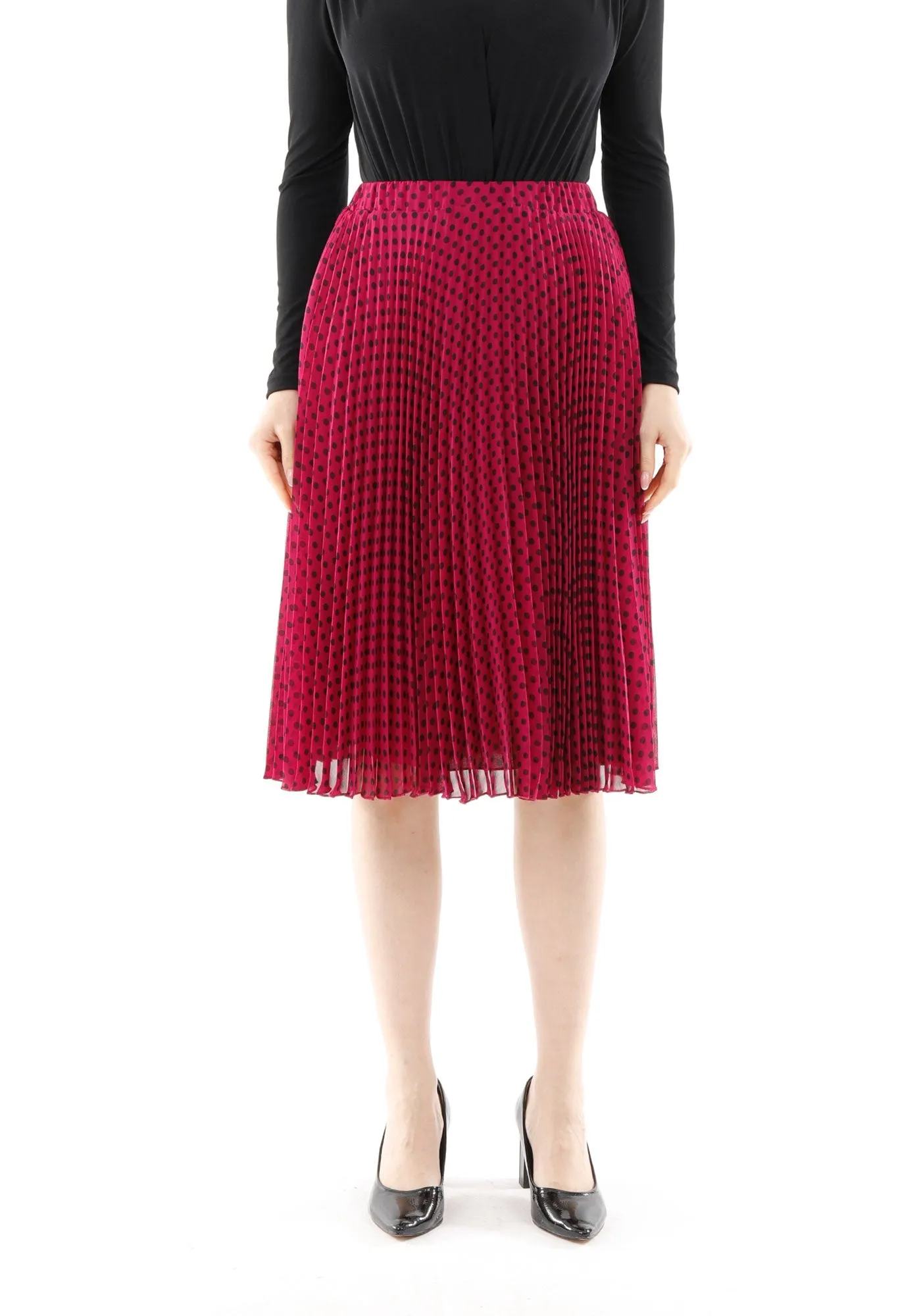 Fuchsia Chiffon Polka Dot Pattern Pleated Midi Skirt