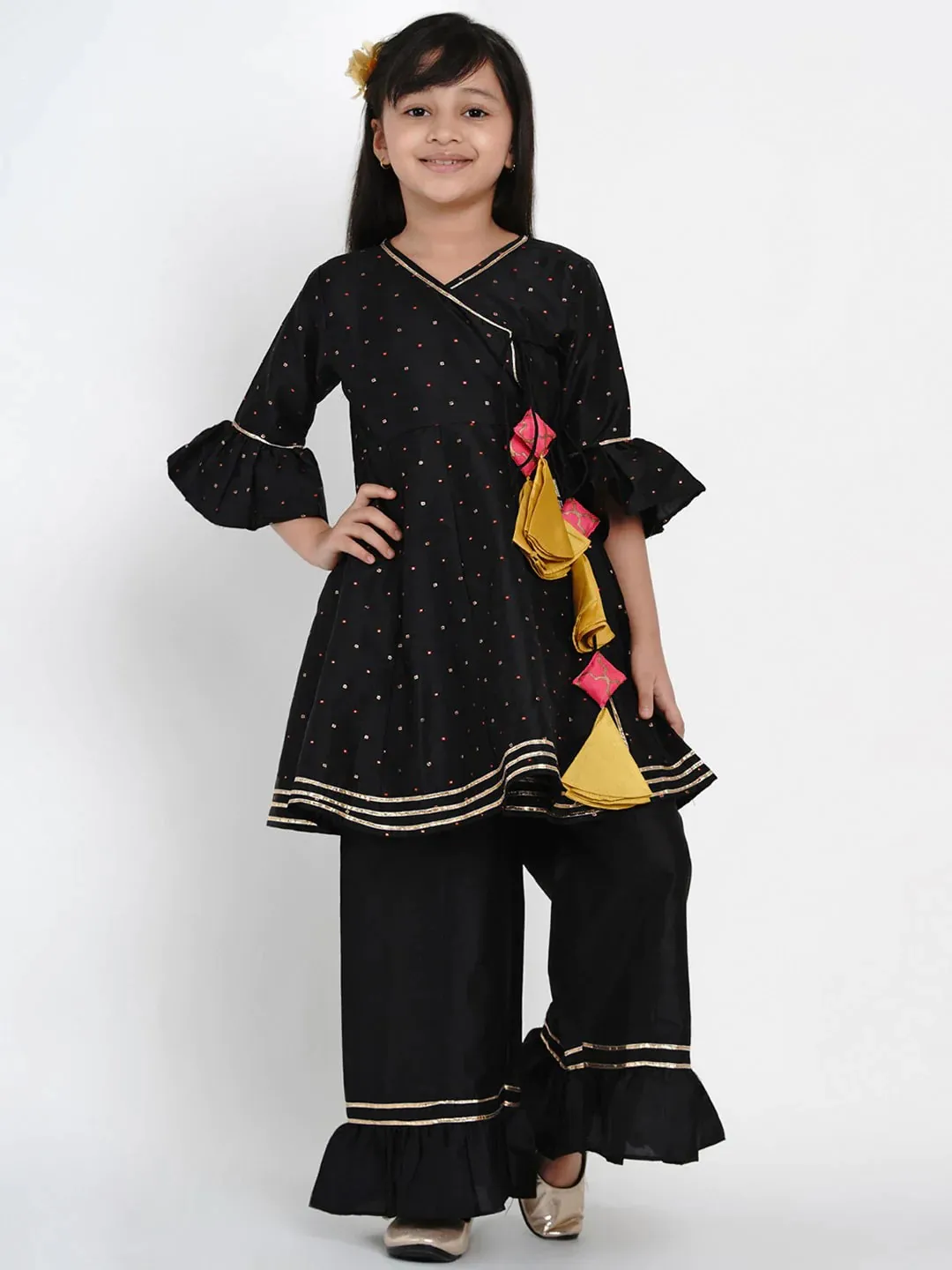 Girl's Black & Gold Self Design Kurta & Palazzo Set  - NOZ2TOZ KIDS