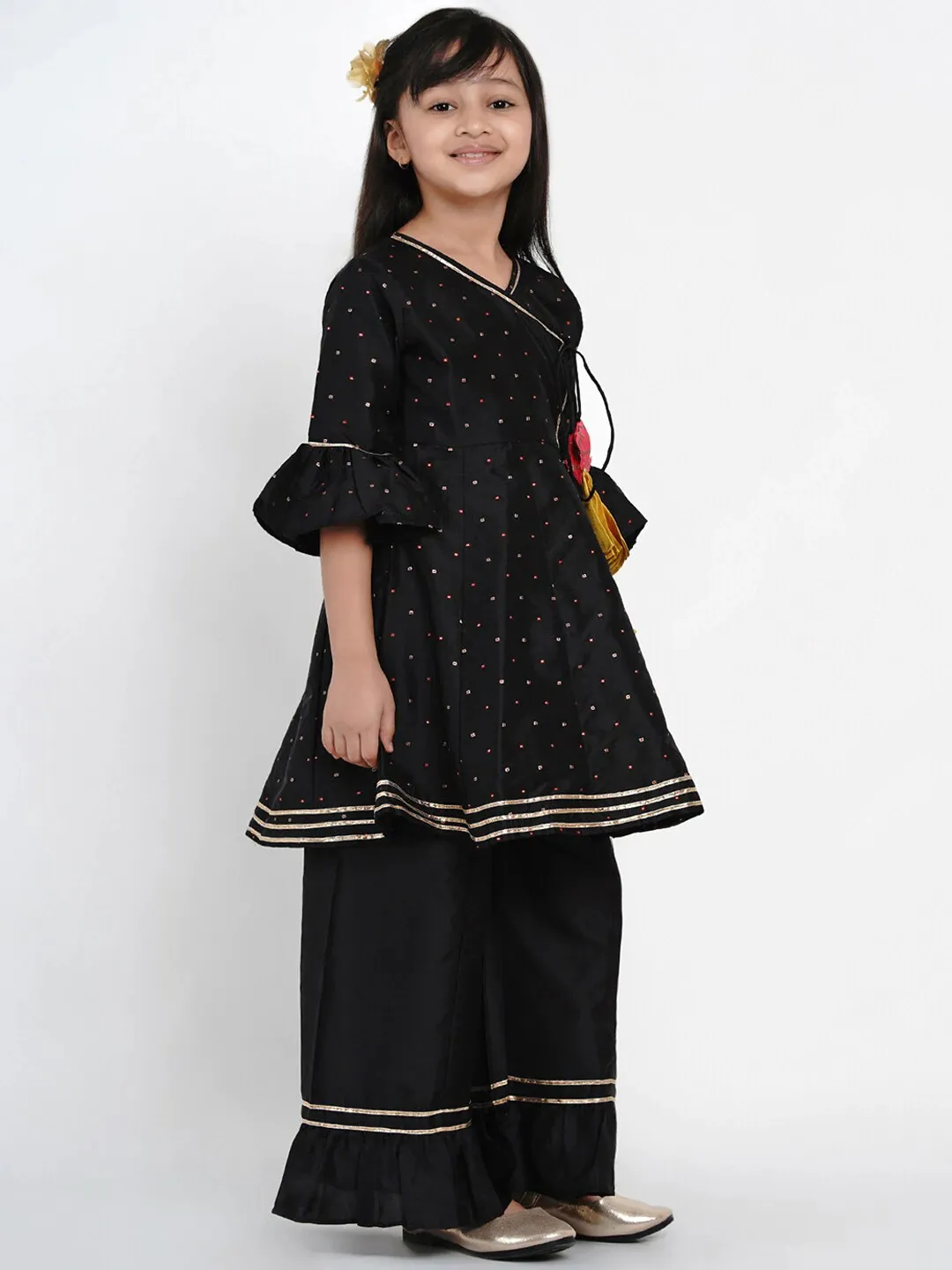 Girl's Black & Gold Self Design Kurta & Palazzo Set  - NOZ2TOZ KIDS