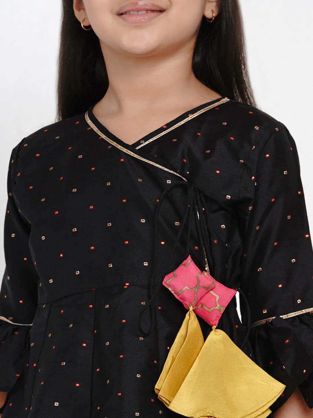 Girl's Black & Gold Self Design Kurta & Palazzo Set  - NOZ2TOZ KIDS