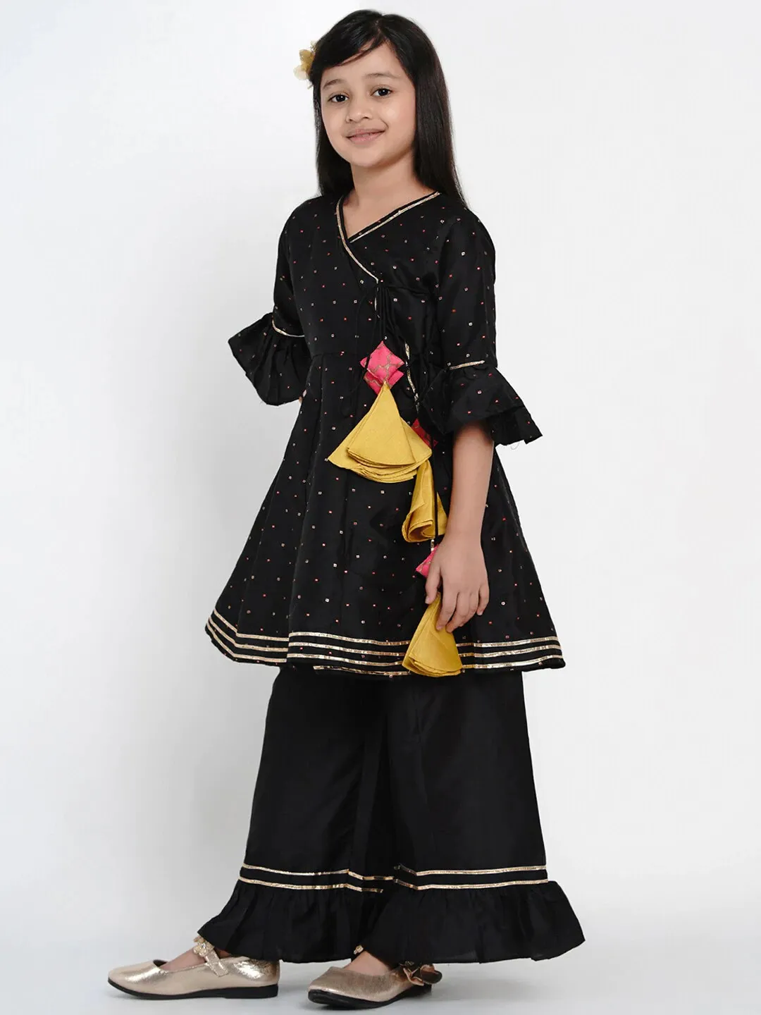 Girl's Black & Gold Self Design Kurta & Palazzo Set  - NOZ2TOZ KIDS