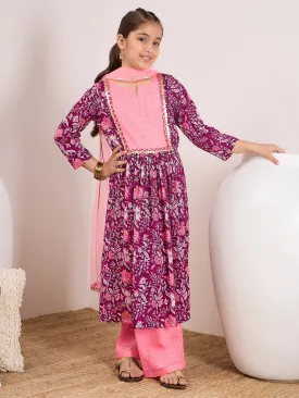 Girls Ethnic Motifs Printed Pleated Pure Cotton Kurta With Trousers & With Dupatta - PS Peaches