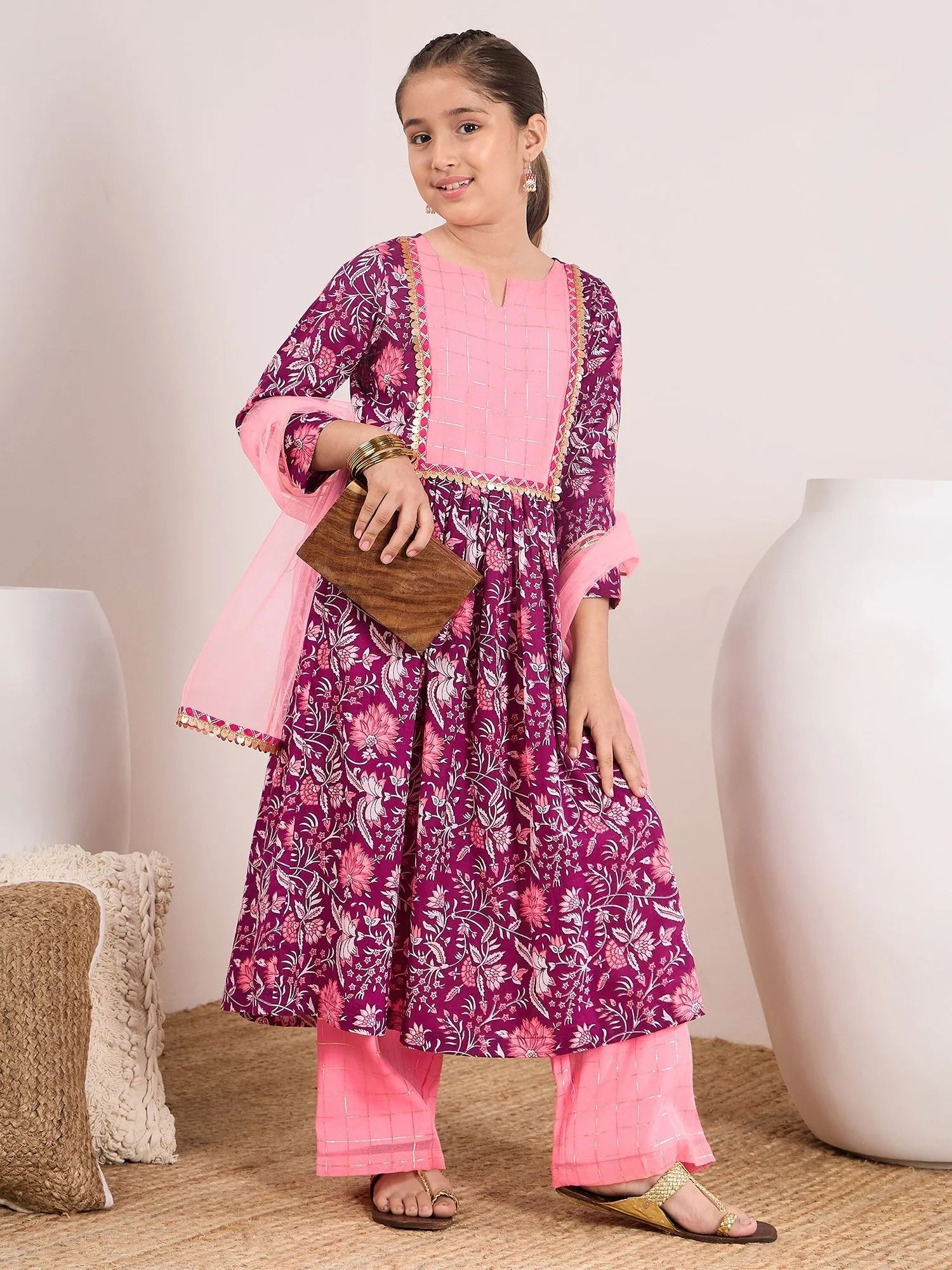 Girls Ethnic Motifs Printed Pleated Pure Cotton Kurta With Trousers & With Dupatta - PS Peaches