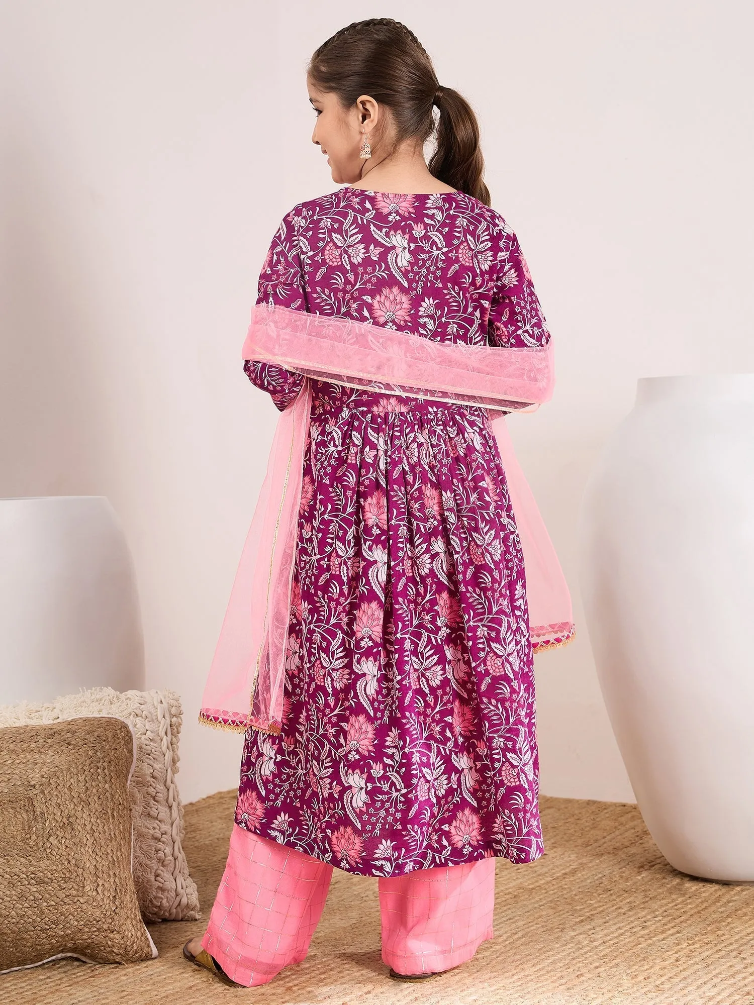 Girls Ethnic Motifs Printed Pleated Pure Cotton Kurta With Trousers & With Dupatta - PS Peaches