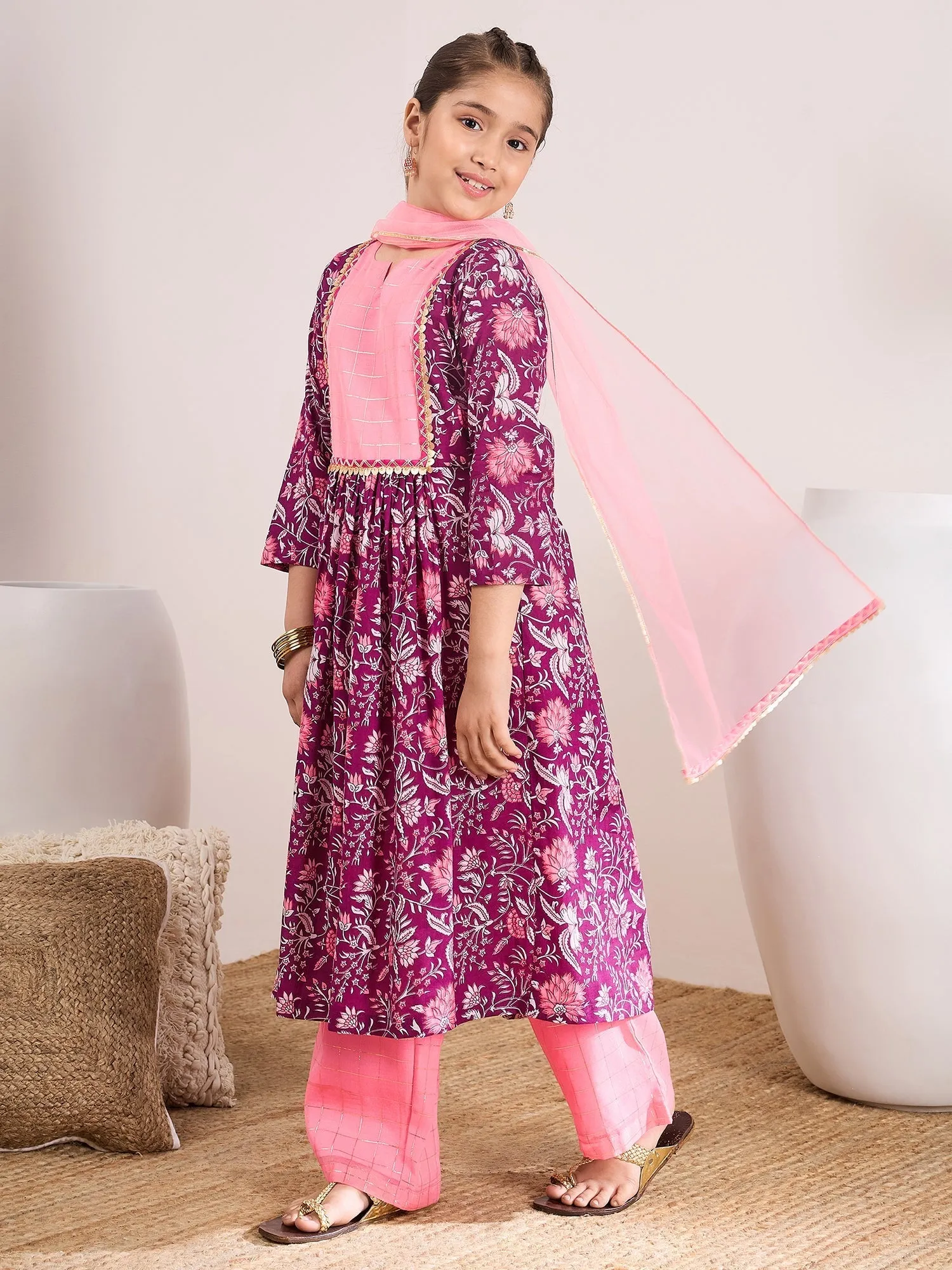 Girls Ethnic Motifs Printed Pleated Pure Cotton Kurta With Trousers & With Dupatta - PS Peaches