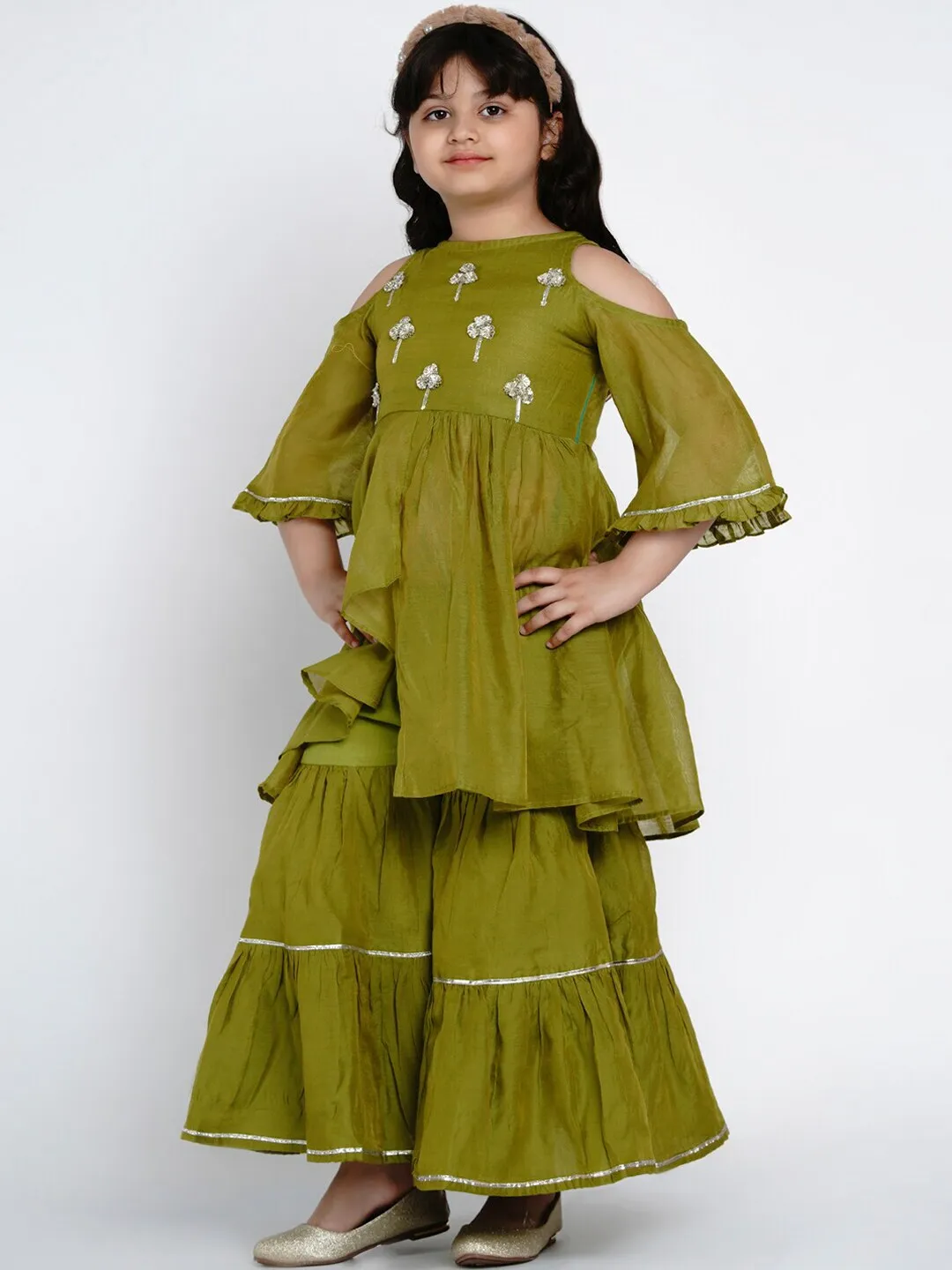 Girl's Green Embroidered Kurta & Sharara Set  - NOZ2TOZ KIDS